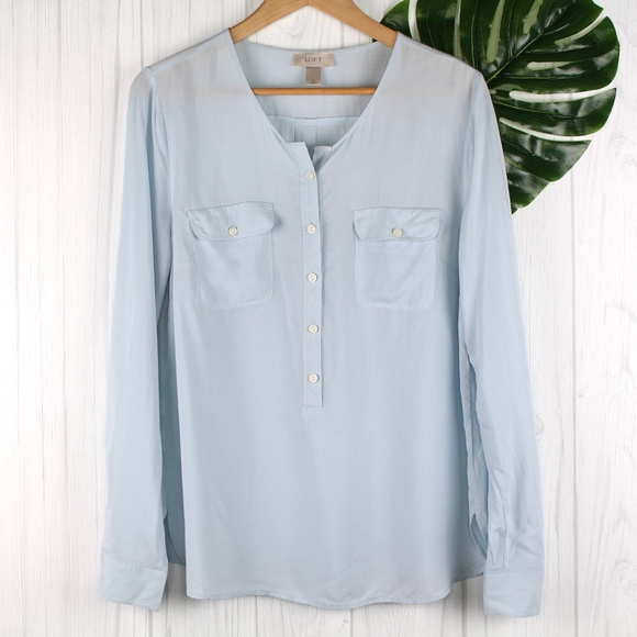 LOFT Tops - LOFT | Light Blue Collarless Softened Shirt